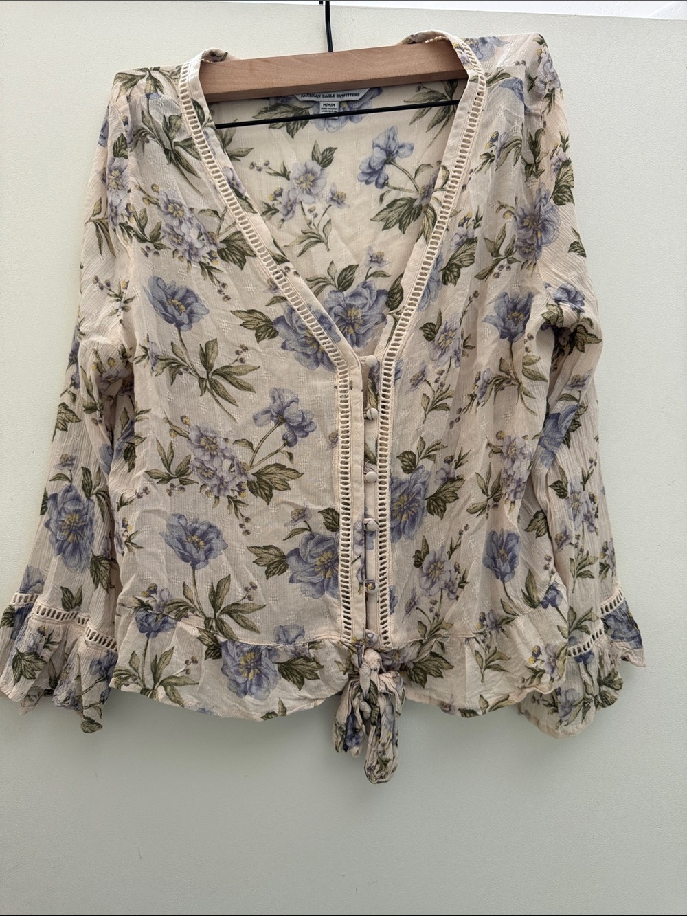 American Eagle Outfitters Cream Blouse with Blue Floral Print